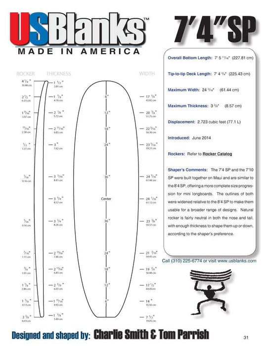 US Blanks 74SP Surfboard Blank