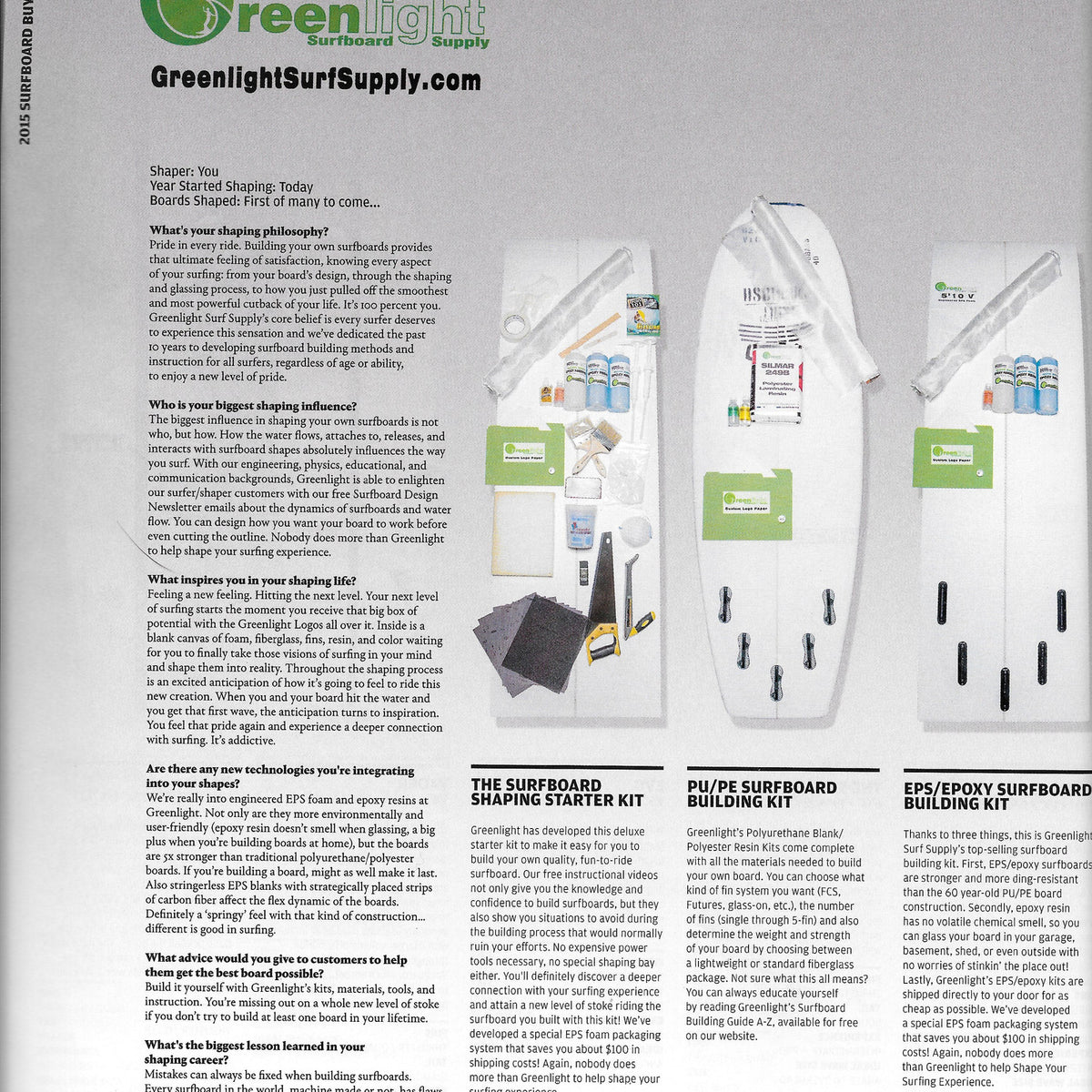 Greenlight Surfboard Shaping Kits Featured in SurferMag Board Buyers G