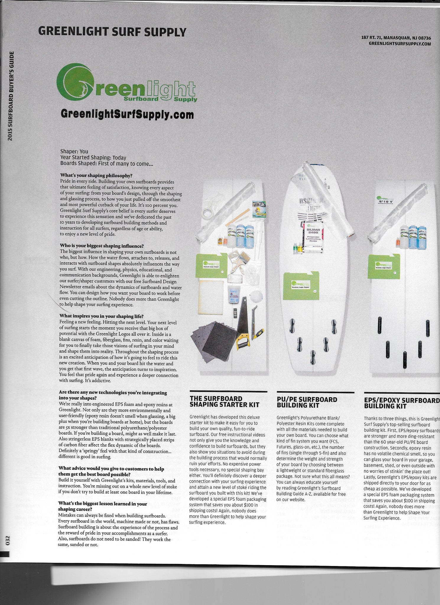 Greenlight Surfboard Shaping Kits Featured in SurferMag Board Buyers Guide