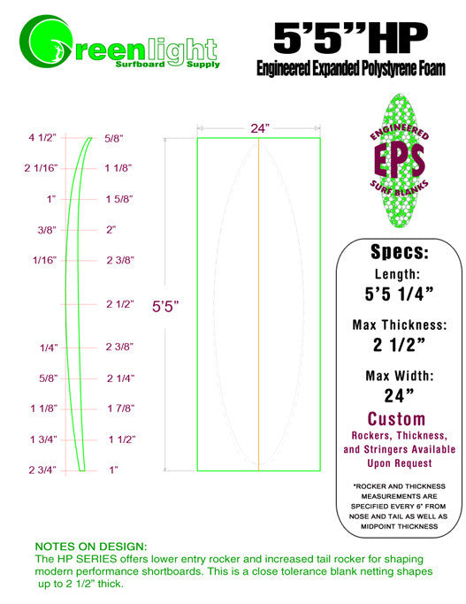 [HP Series] EPS Foam Shortboard Surfboard Blanks : Lower Entry Rocker and More Tail Rocker